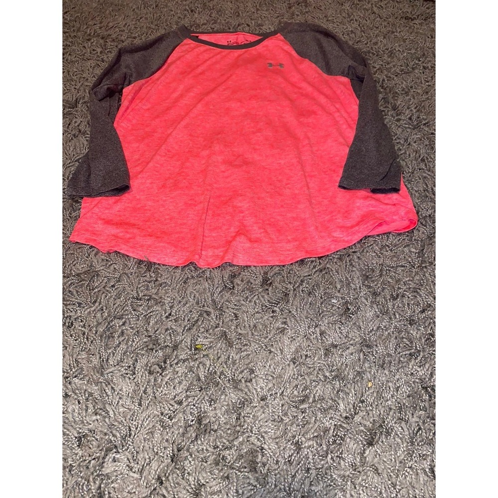 Under Armour HeatGear Loose Fit Raglan Shirt Pink Grey Womens Medium 3/4 Sleeve